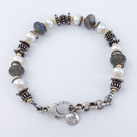 Vintage Jewelry - Artisan Sterling Silver 925 Labradorite & Pearl Beaded Bracelet 7"-8"